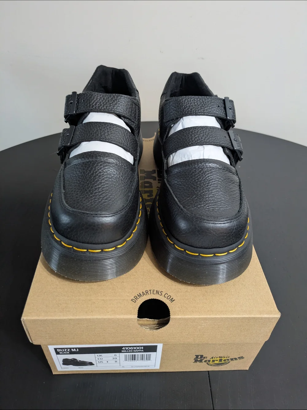 Dr. Martens Black Leather Double-Buckle Platform Mary Jane with Yellow Stitching - Picture 3 of 6